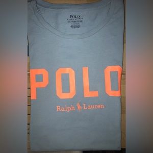Polo by Ralph Lauren T-Shirt • Blue w/Peach letters • XXL